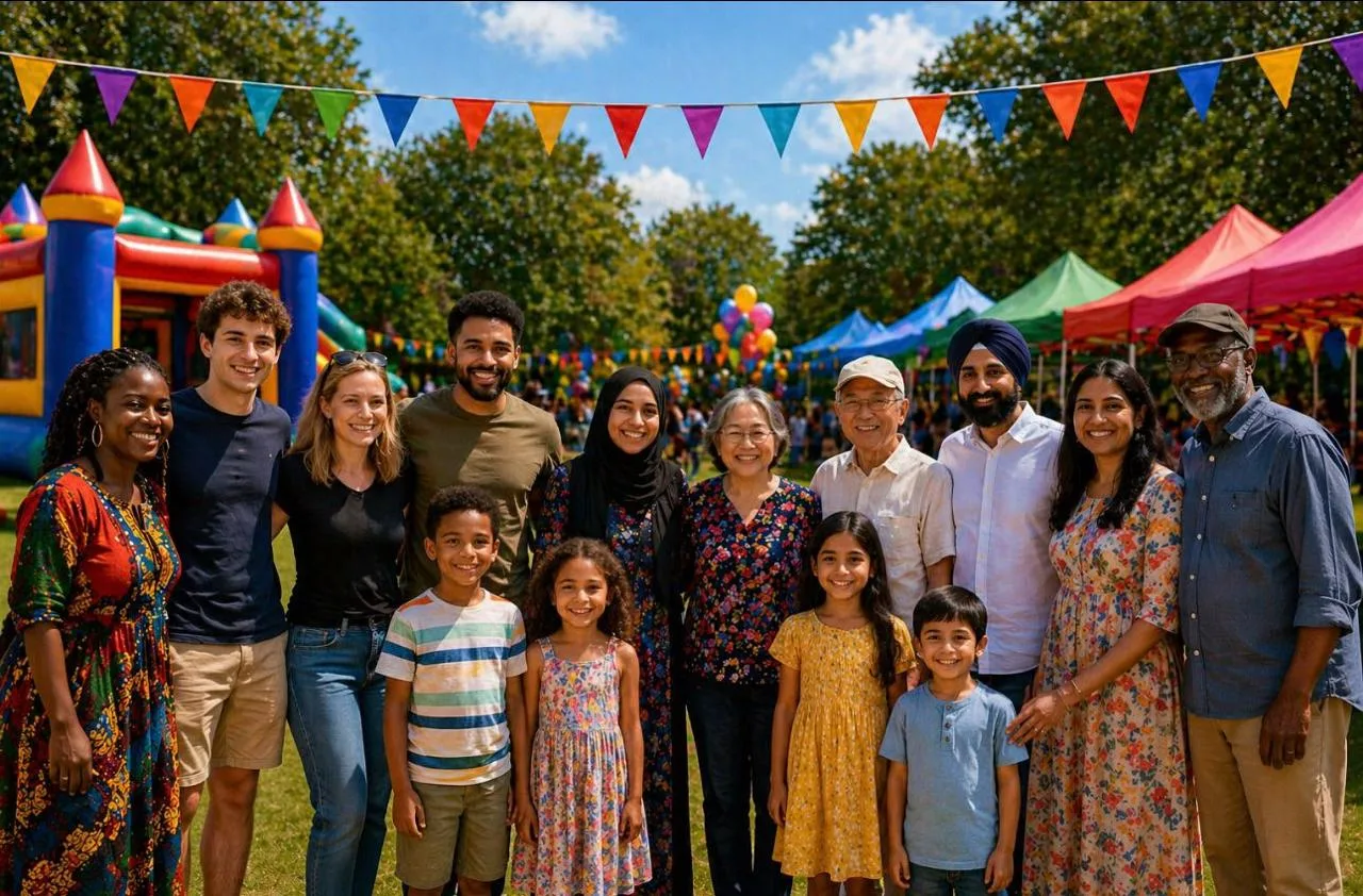 Families and neighbours gathered together at a Fieldway community fun day