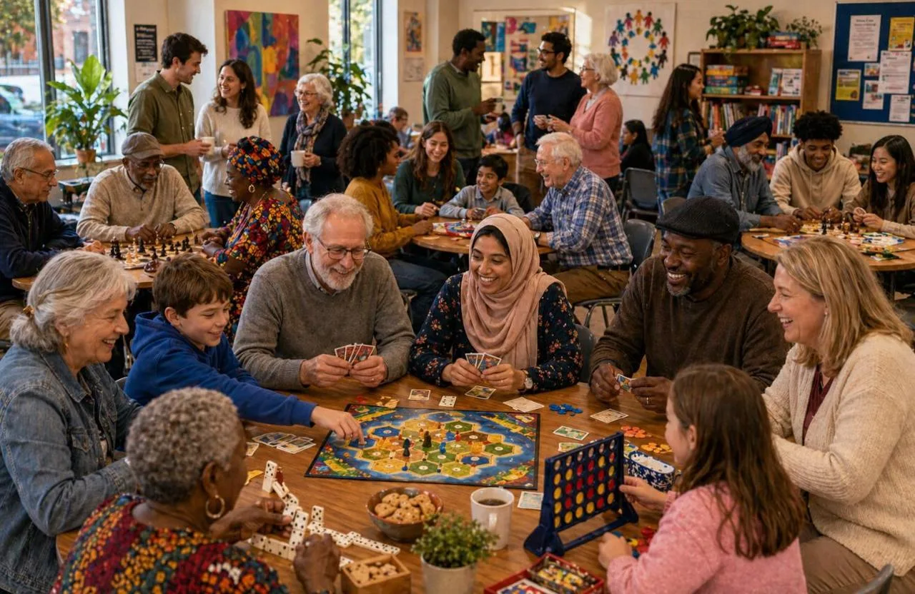 Neighbours of different ages playing board games together